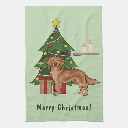 Roter Golden Retriever Hund mit Weihnachtsbaum Geschirrtuch (Vertikal)