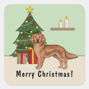 Roter Golden Retriever Hund mit Weihnachtsbaum Quadratischer Aufkleber