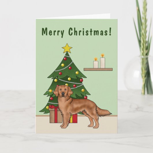 Roter Golden Retriever Hund und grüner Weihnachtsb Karte (Vorderseite)
