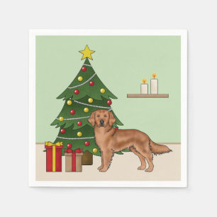 Roter Golden Retriever Hund und grüner Weihnachtsb Serviette