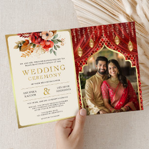 Roter Goldener Blumen-Vorhang Indische Hindu-Hochz Einladung
