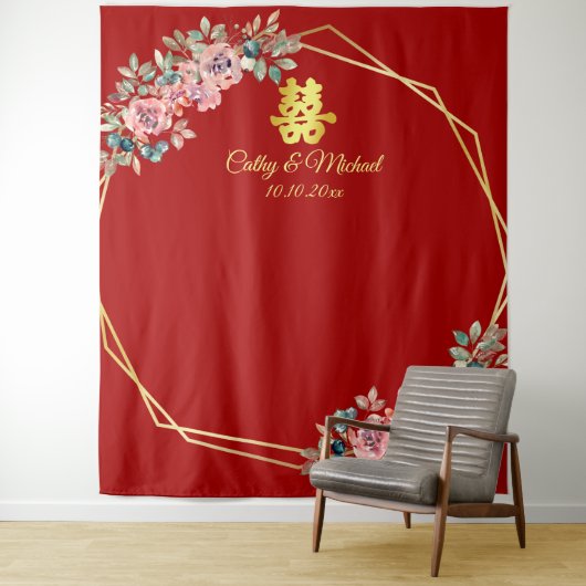 Roter goldener Blumenkranz Chinesischer Hochzeitst Wandteppich (Beispiel)