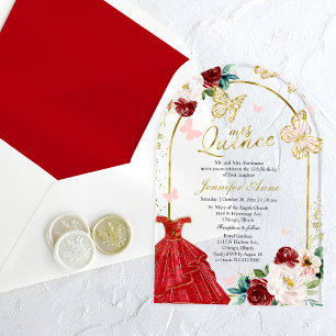 Roter Goldener Floraler Schmetterling Quinceañera  Acryleinladungen