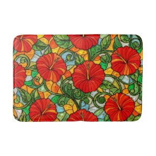 Roter Goldener Orangen Hibiskus Falsches Buntglas Badematte
