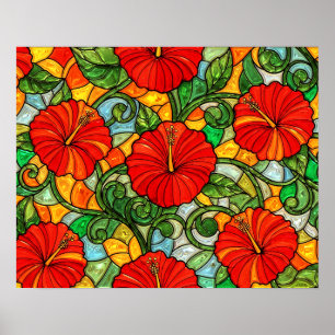 Roter Goldener Orangen Hibiskus Falsches Buntglas Poster