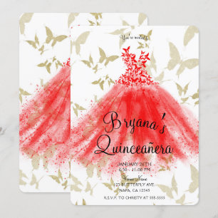 Roter & Goldener Schmetterling Tanzkleid Quinceañe Einladung