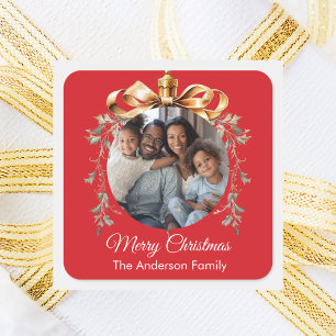 roter goldener Weihnachtsschmuck Familienfoto Quadratischer Aufkleber