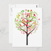 Roter Grünbaum und niedliche Vögel auf Postkarte (Vorne/Hinten)