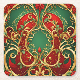 Roter grüner floraler Weihnachts-Feiertag-Papier-  Rechteckiger Pappuntersetzer
