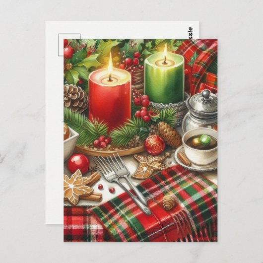 Roter & Grüner Kerzenlicht mit Keksen Weihnachten Postkarte (Vorne/Hinten)