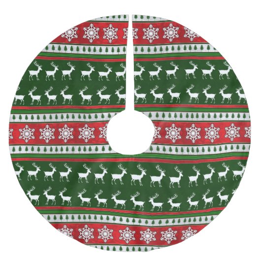 Roter, grüner Rentiersnowflake Polyester Weihnachtsbaumdecke (Vorderseite)