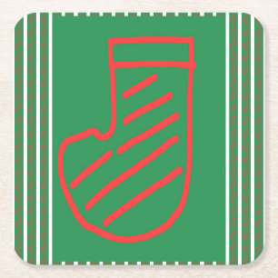 Roter grüner Weihnachtsstrumpf auf Grün Rechteckiger Pappuntersetzer