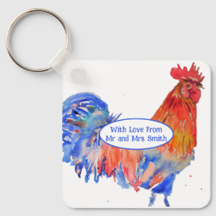 Roter Hahn Huhn Blaue Aquarell-Hochzeit Schlüsselanhänger