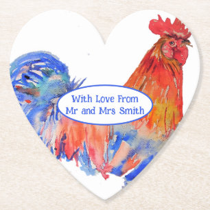 Roter Hahn Huhn Blaue Aquarell-Hochzeit Untersetzer
