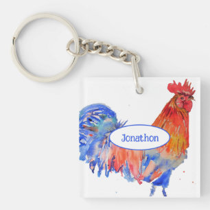 Roter Hahn Huhn Blaue Aquarellmalerei Schlüsselanhänger