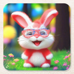Roter Hase mit amerikanischer Brille Cartoon-44244 Rechteckiger Pappuntersetzer