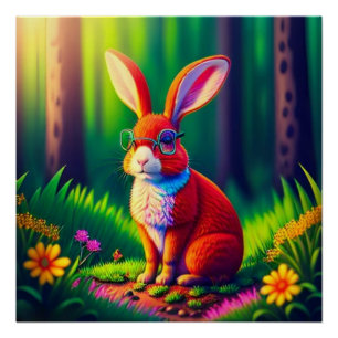 Roter Hase sitzt auf dem Gras Poster