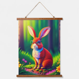 Roter Hase sitzt auf dem Gras Wandteppich Mit Holzrahmen