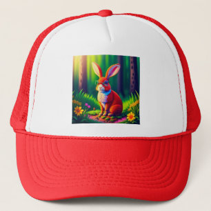 Roter Hase sitzt auf Gras Truckerkappe