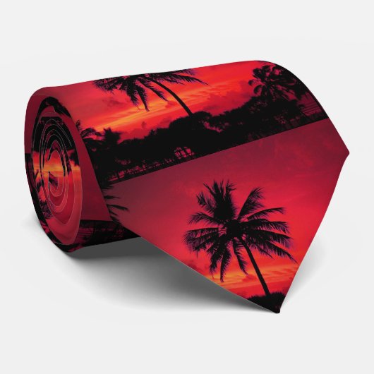 Roter Hawaiianischer Sonnenuntergang Exotische Pal Krawatte (Gerollt)