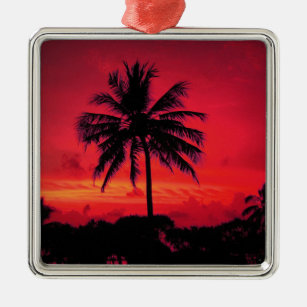 Roter hawaiischer Sonnenuntergang-exotische Palmen Silbernes Ornament