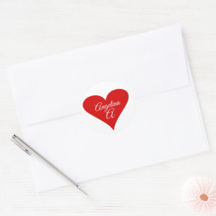 Roter Herz Liebe Valentinstag Name & Monogramm Runder Aufkleber