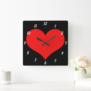 Roter Herz-Muster-Schwarzes süßes Valentinstagsges Quadratische Wanduhr
