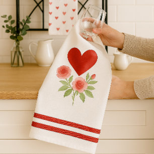 Roter Herz-Rosa-Rosen Valentinstag Geschirrtuch
