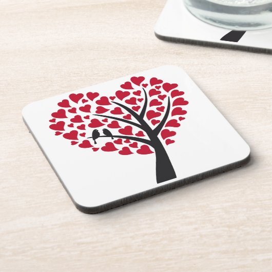 Roter Herzbaum mit Liebevögeln Untersetzer (Linke Seite)