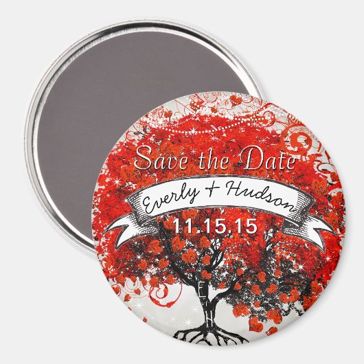 Roter Herzleaf Baum Save the Date unter Sternen Magnet (Vorderseite/Rückseite)
