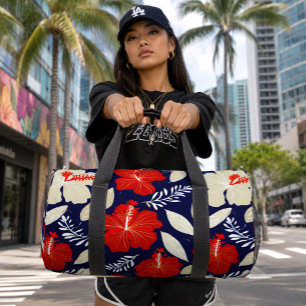 Roter Hibiskus Marineblaue Tropische Hawaiianische Duffle Bag