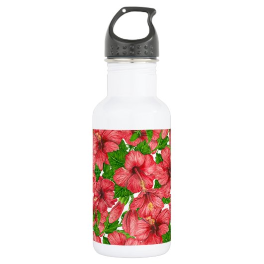 Roter Hibiskus Muster II Edelstahlflasche (Vorderseite)