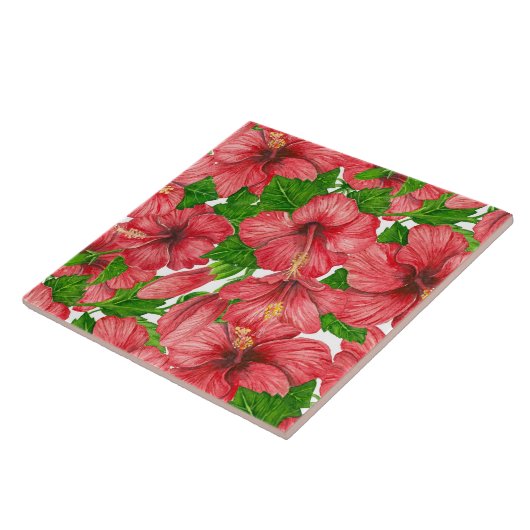 Roter Hibiskus Muster II Fliese (Seite)
