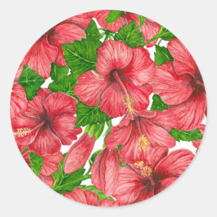 Roter Hibiskus Muster II Runder Aufkleber