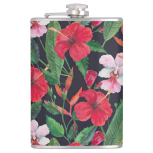 Roter Hibiskus, Orchideen, tropische Wasserfarbe. Flachmann