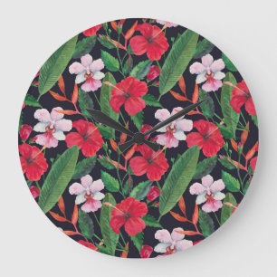 Roter Hibiskus, Orchideen, tropische Wasserfarbe. Große Wanduhr