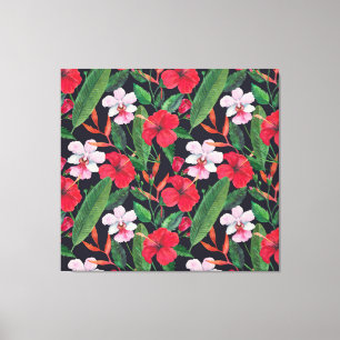 Roter Hibiskus, Orchideen, tropische Wasserfarbe. Leinwanddruck