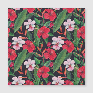 Roter Hibiskus, Orchideen, tropische Wasserfarbe. Magnetkarte