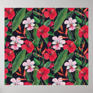 Roter Hibiskus, Orchideen, tropische Wasserfarbe. Poster