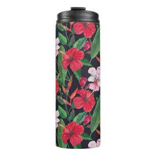 Roter Hibiskus, Orchideen, tropische Wasserfarbe. Thermosbecher