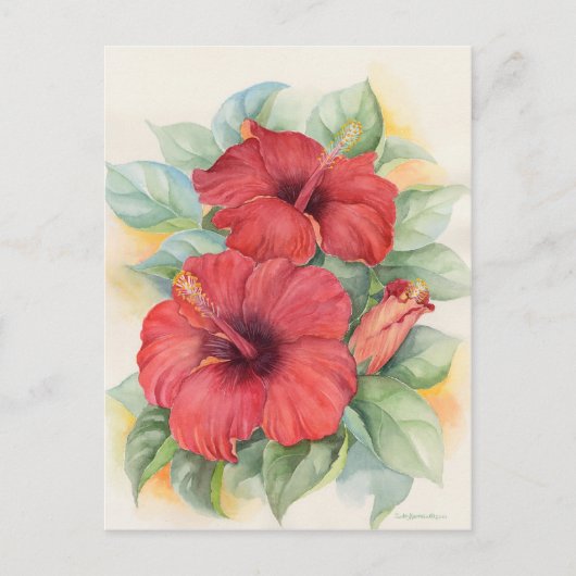 Roter Hibiskus Tropische Wasserfarben Kunst, Dicht Postkarte (Vorderseite)
