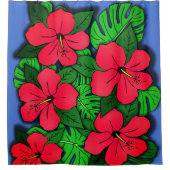 Roter Hibiskus und Monstera Duschvorhang (Vorderseite)