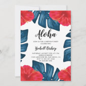 Roter Hibiskus und Split Leaf Tropischer Geburtsta Einladung (Vorderseite)