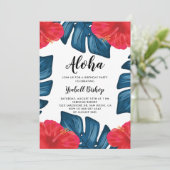 Roter Hibiskus und Split Leaf Tropischer Geburtsta Einladung (Stehend Vorderseite)