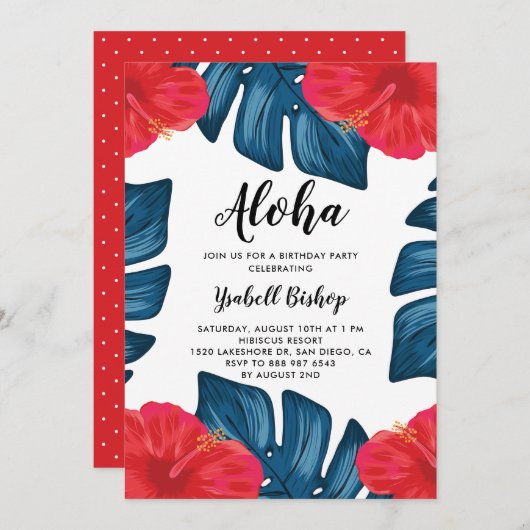 Roter Hibiskus und Split Leaf Tropischer Geburtsta Einladung (Vorne/Hinten)