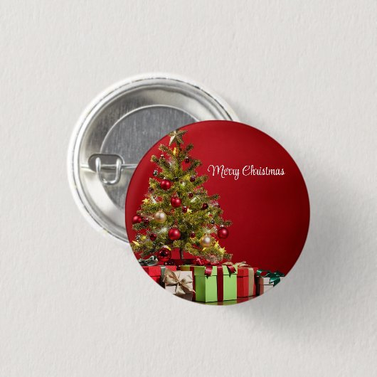 Roter Hintergrund mit dekorativem Weihnachtsbaum Button (Vorne & Hinten)