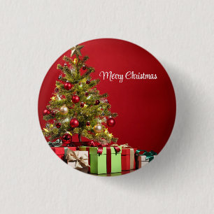 Roter Hintergrund mit dekorativem Weihnachtsbaum Button