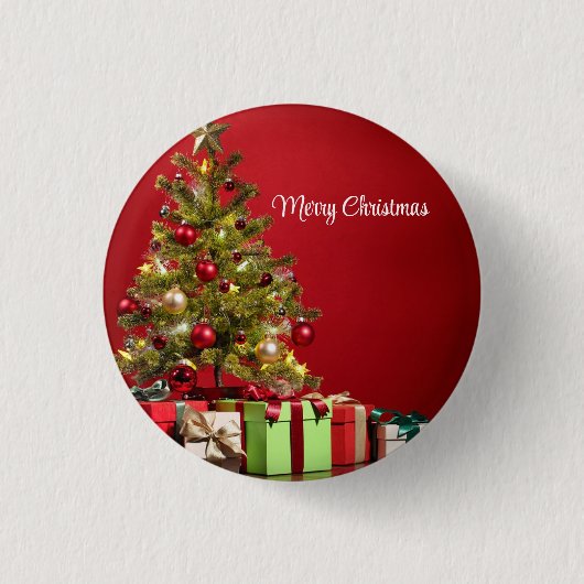 Roter Hintergrund mit dekorativem Weihnachtsbaum Button (Vorderseite)