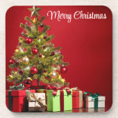 Roter Hintergrund mit dekorativem Weihnachtsbaum Getränkeuntersetzer (Vorderseite)