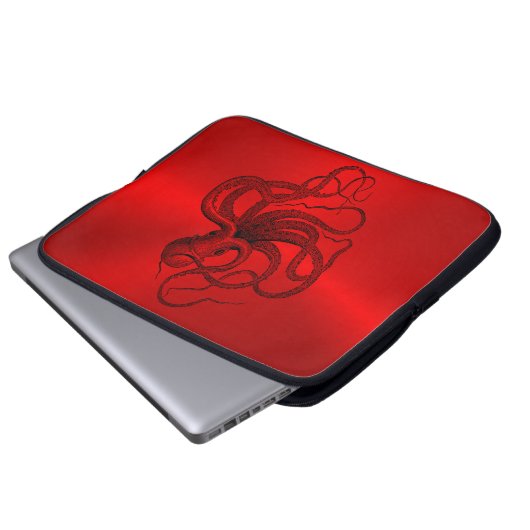 Roter Hintergrund mit schwarzem Wassertopus Laptopschutzhülle (Vorne Knopf)